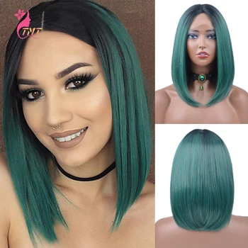 

Synthetic Lace Front Wig Short Bob Wigs Green Pink Blue Ombre Straight Bob Wigs For Women Heat Resistant Fiber Cosplay Wig