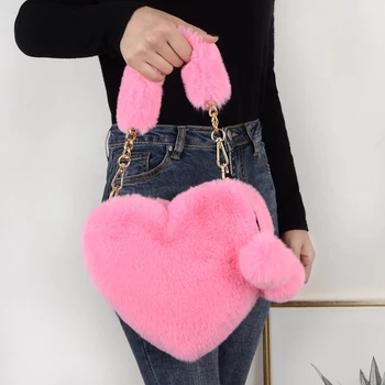 

Cute Plush Hearts Shape Women Handbags Designer Hand Bag Luxury Faux Fur Lady Shoulder Bags Female Small Purses 2020 Winter Sac