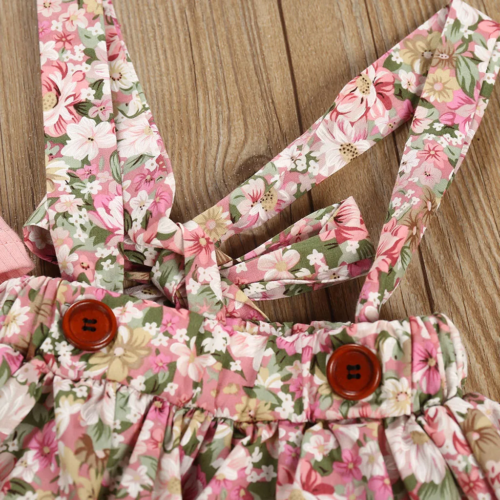 Милый розовый комбинезон для маленьких девочек, юбка, наборы детской одежды, однотонный боди на подтяжках с цветочным принтом, комплект юбки, 3 Months-2Year