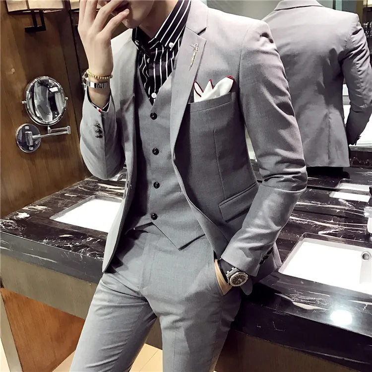 Light Grey Пиджак+ жилет+ брюки) модный бутик сплошной цвет мужской строгий деловой костюм 3 шт. комплект жениха свадебное платье сценический костюм мужской - Цвет: Light Grey