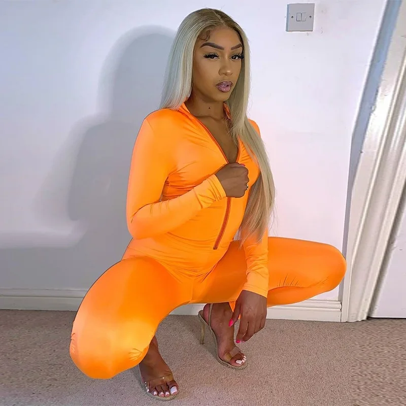 

Women Outfits Zipper Sporty Orange Casual Workout Two Piece Set Long Sleeve Active Wear Fitness Bodycon Top And Pants Tracksuit