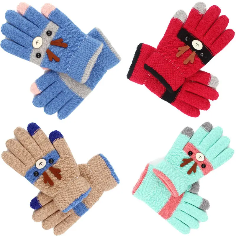 Винтажные детские вязаные перчатки с рождественским оленем, Утепленные перчатки для маленьких девочек и мальчиков, зимние теплые варежки с изображением снежного лося, полный палец, рождественский подарок для детей