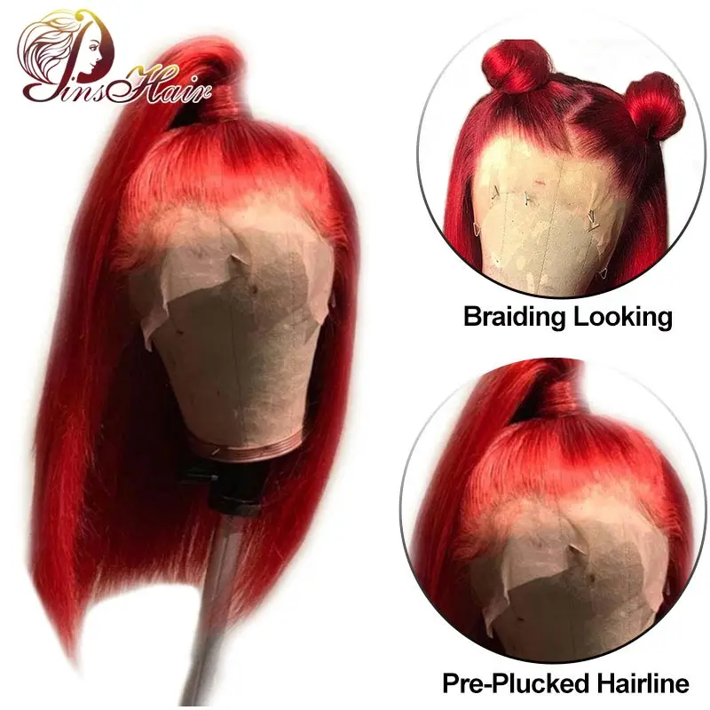 Бразильские прямые парики с красным Бобом, фронтальные парики из человеческих волос, зеленые цветные волосы Pinshair Nonremy, предварительно