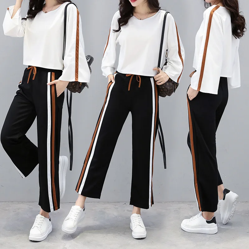 

2020 Spring New Style Korean-style Two Bars Athletic Pants Women's Loose-Fit Loose Pants Slimming Straight-Leg Trousers Casual W