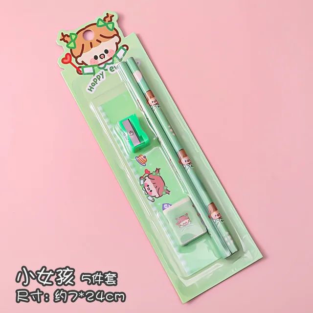 5 In 1 Cartoon Pencil Sharpener Set Students Learn Stationery Eraser Ruler Children Drawing Sketch Supplies Kindergarten Gifts Girl