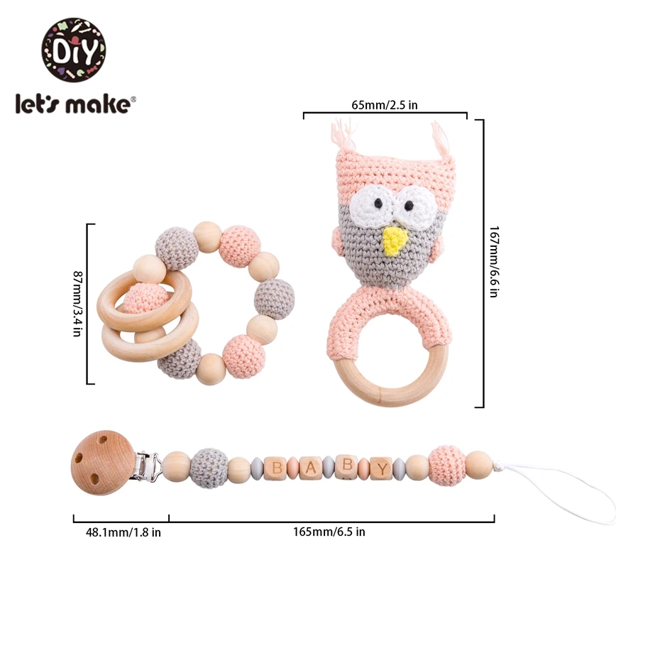 Let's Make Food Grade Silicone Wooden Teether Baby Pacifier Chain Pram Crib DIY Customized Soother Baby Teether Rattle Set Toys