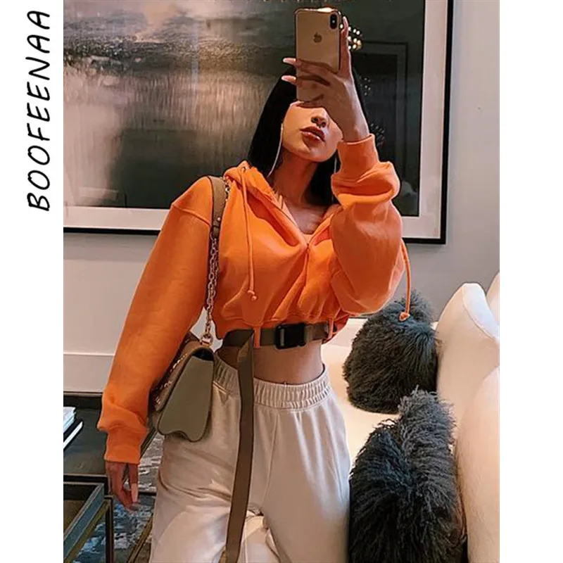 

BOOFEENAA Neon Orange Cropped Hoodie Pullover with Buckle Belt Streetwear Fashion Woman Sweatshirts Autumn Winter 2019 C70-AF47