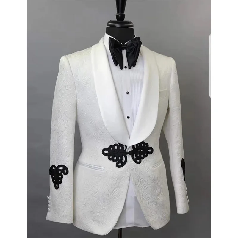 

White Harringbone Mens Suits 2 Piece Jacket Black Pants Shawl Lapel Tailored Made for Wedding Groom Tuxedos New Fashion Clothes