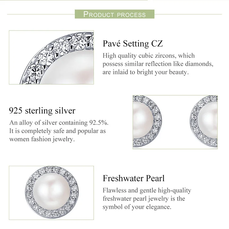 BAMOER Dazzling Zircon 925 Sterling Silver Quality Shell Pearl Stud Earrings for Women Fine Jewelry Wedding Anniversary Gift