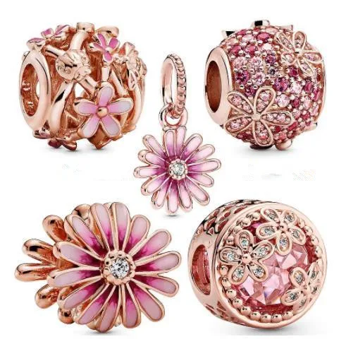 

925 Sterling Silver Pink Shaded Enamel Daisy Flower Pendant Charm Bead Fit Women Pandora Bracelet & Necklace Jewelry