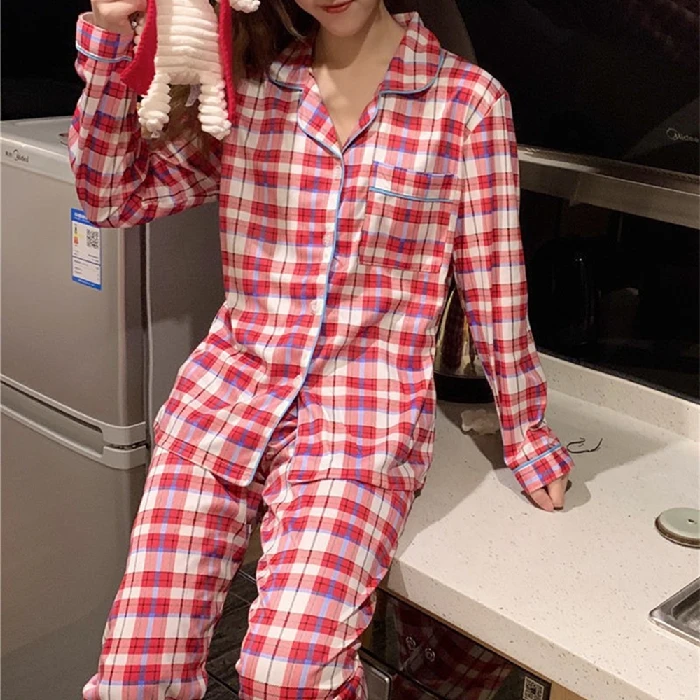 Ladies spring and autumn style net red printed plaid pajamas set lapel long-sleeved trousers 2-piece home service casual pajamas satin pajamas Pajama Sets