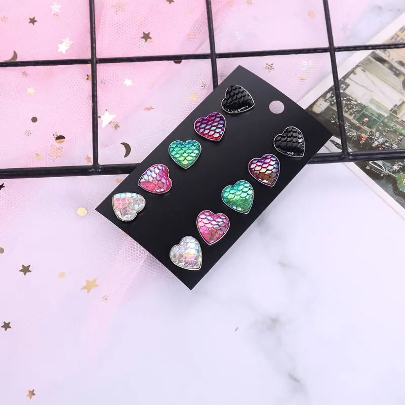 

5 Pairs Beauty Fish Scale Heart Shape Crystal Assorted Stud Earrings Set Jewelry