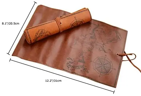 Vintage Pirate Treasure Map Pattern Roll Up PU Leather Pencil Case Bag Holder Pouch Carrier Cosmetic Makeup Pouch Card Pocket