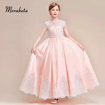 

Ball Gown Princess Pink Flower Girl Dresses For Wedding 2019 Scoop Neck Floor-length Satin Long Girls Pageant Dresses