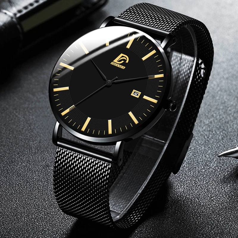 Mens Fashion Business Minimalist Watches Luxury Ultra-thin Stainless Steel Mesh Belt Analog Quartz Wrist Watch relogio masculino