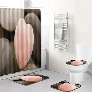 

New 4Pcs/Set Love Pattern Non-Slip Home Toilet Pad Cover Bath Mat Shower Curtain Set for Valentine's Day