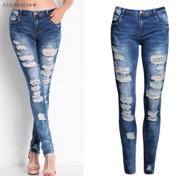 

Women Denim Skinny Trousers Low Waist Push Up Hip Jeans Destroyed Knee Holes Pencil Pants Trousers Stretch Ripped Bodycon Female