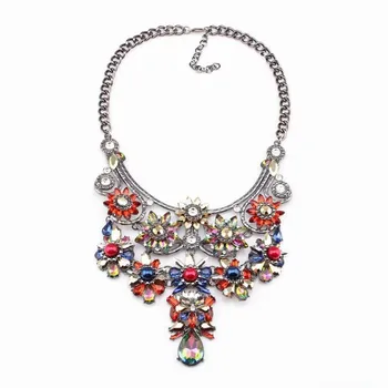 

New Arrival Design Fashion Brand Flower Necklace Black Chain Big Chunky Pendant Statement Colorful Crystal Necklace