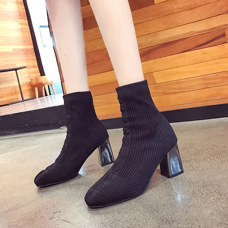 

Beige Black High Heels Women Ankle Boots Women Socks Thick Heels Boots Shoes Fashion Breathable Bright Heel Botines Mujer 2019