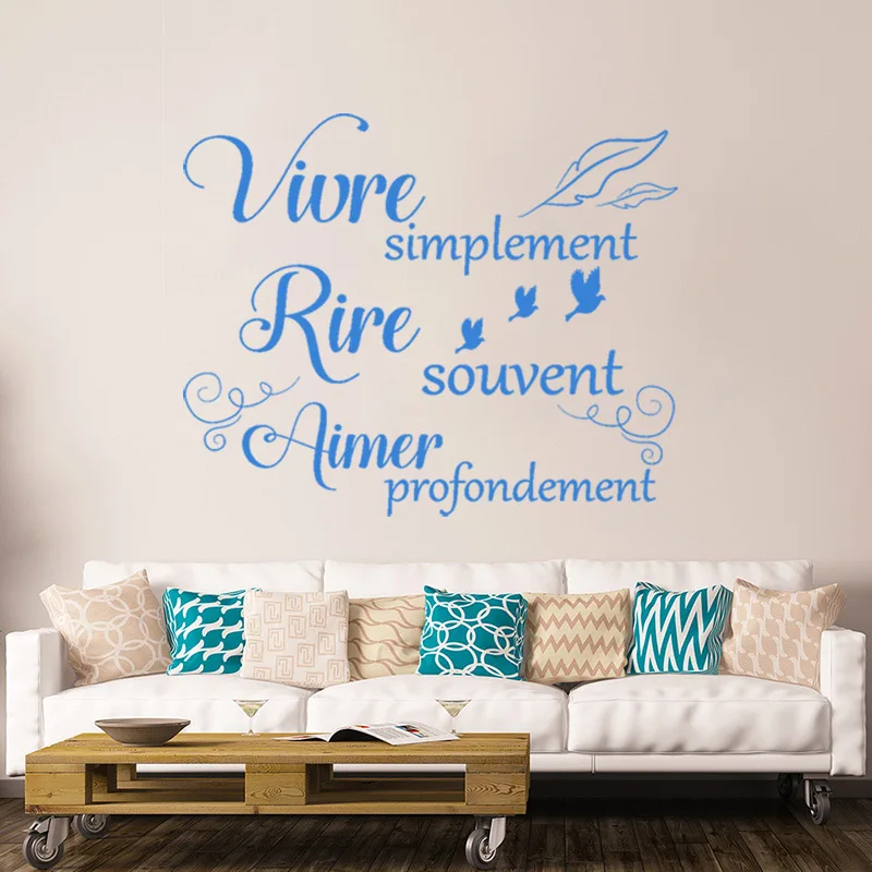 blue Наклейки Vivre Simplement Rire Souvent Aimer profondement виниловые наклейки на стену для гостиной домашний декор плакат украшение дома - Цвет: blue