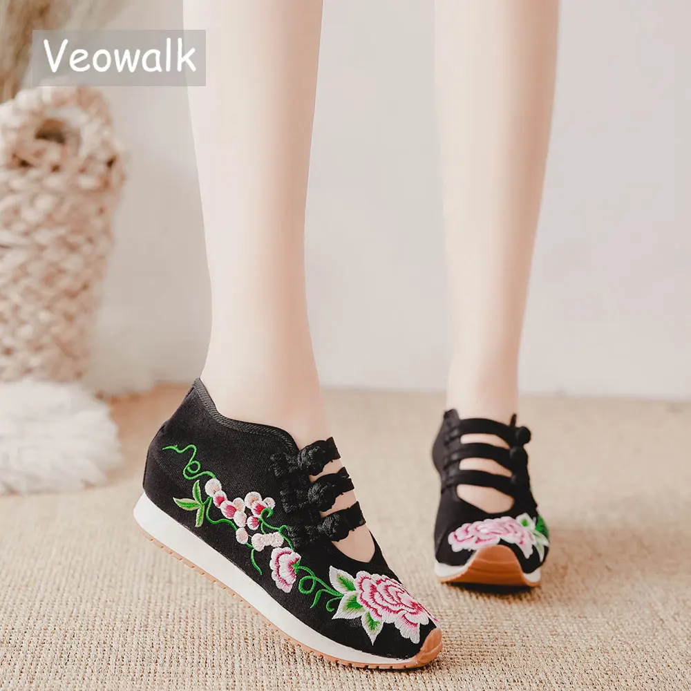 Женские тканевые туфли Veowalk с цветочной вышивкой из хлопка в винтажном китайском
