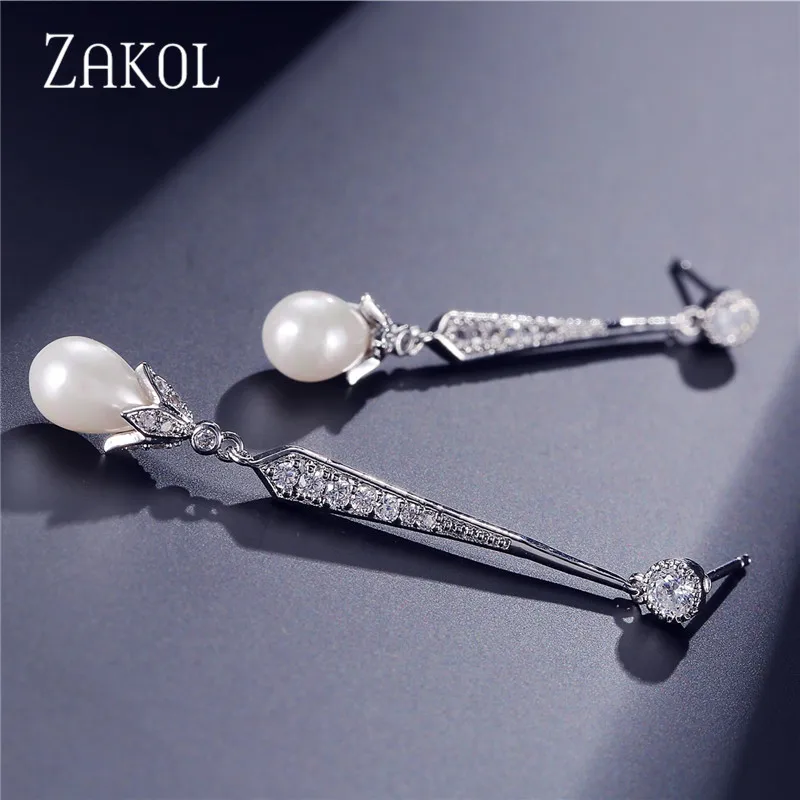 ZAKOL модные серьги-подвески из розового золота с кубическим цирконием, изысканные белые серьги с искусственным жемчугом, свадебные украшения FSEP527