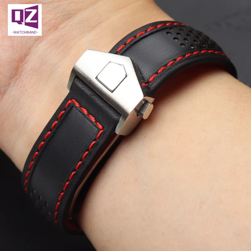COW LEATHER Watch Strap 22mm watchband for tag heuer fiyta tissot watch band Red stitches Genuine leather bracelet High quality