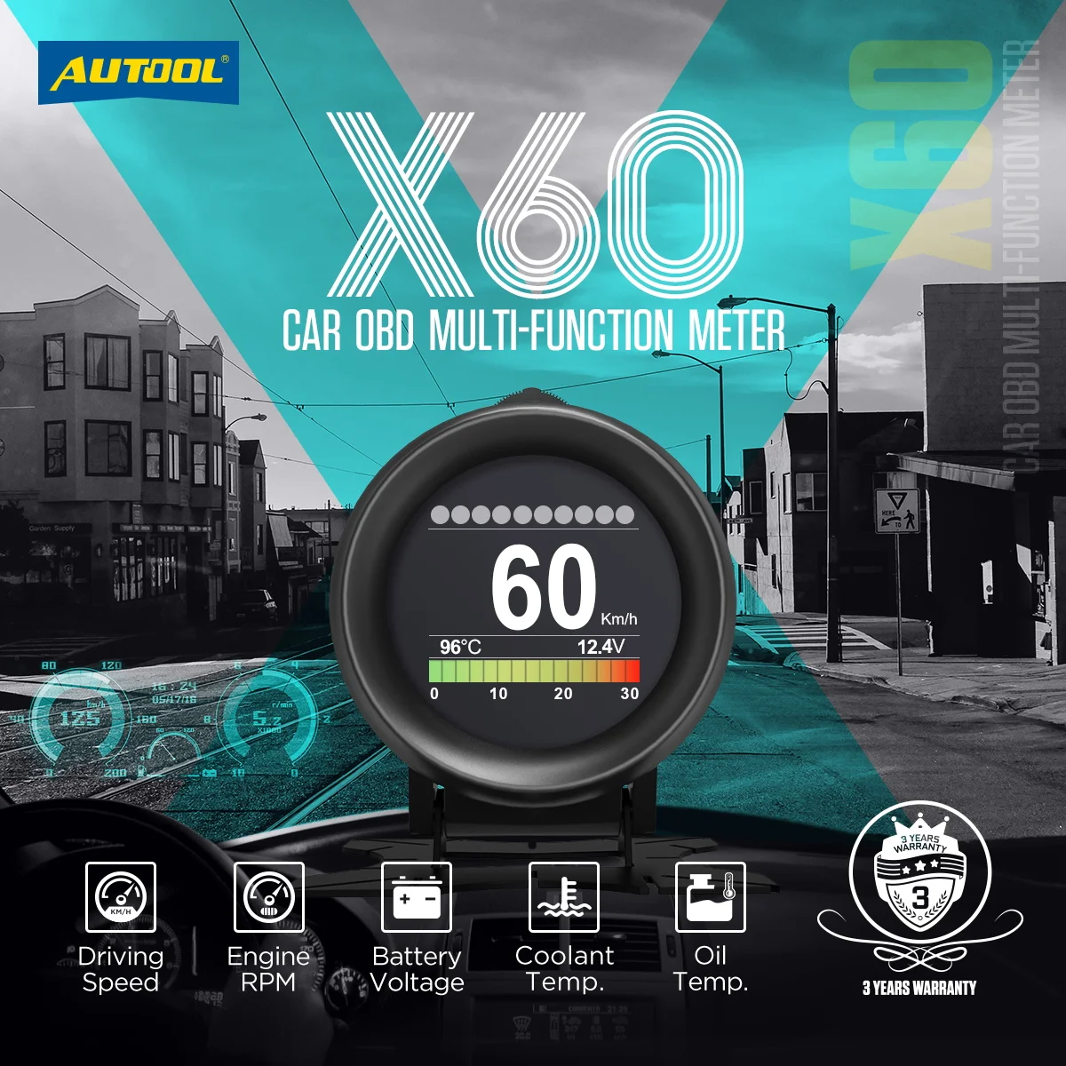 AUTOOL X60 OBD2 Display Speedmeter Tachometer Battery Voltage Water Oil Temperature Gauge Pressure Mileage Auto Scanner HUD car battery charger