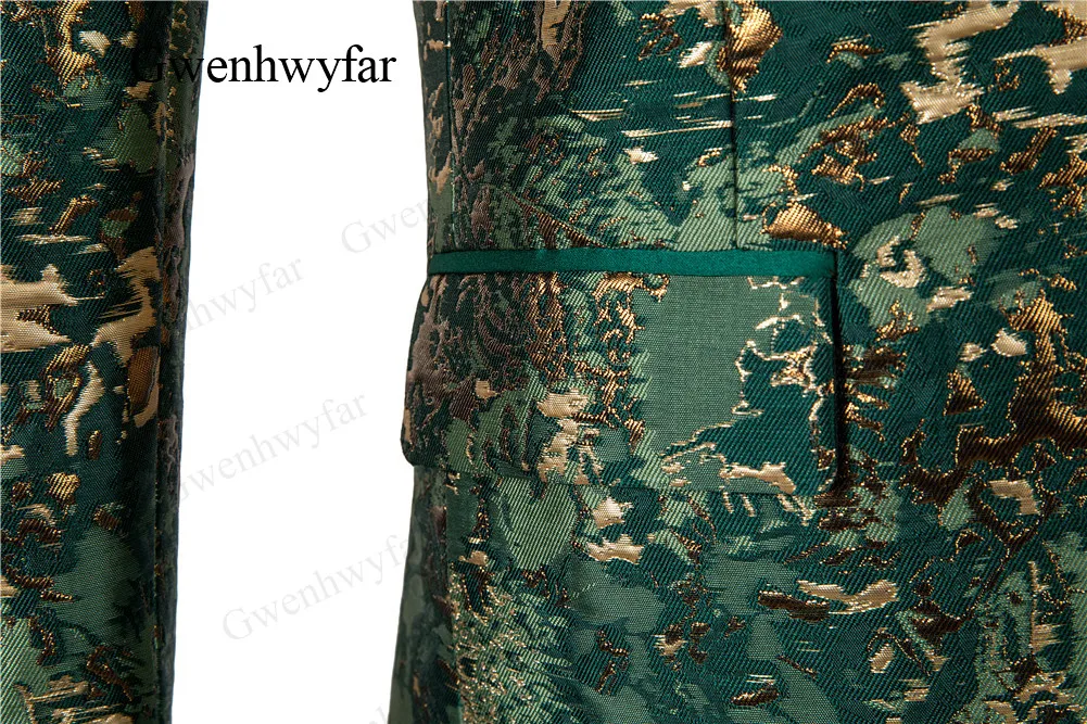 Gwenhwyfar/Смокинги с пуговицами в виде лягушки, Армейский Зеленый жаккардовый мужской костюм, приталенный модный костюм с пиковым отворотом, Свадебный костюм жениха для вечеринки