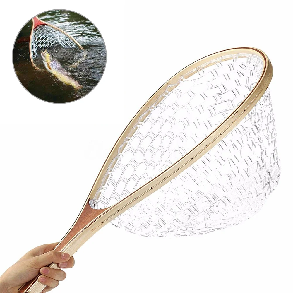 

Light weight Wooden Handle Fly Fishing Landing Net Mesh Trout Rubber Catch Net With Hand Strap Large capacity