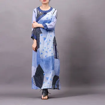 

Women's Spring Summer Art Printed Embroidery Long Dresses Robe Retro Patchwork Loose Cotton Linen Maxi Dresses