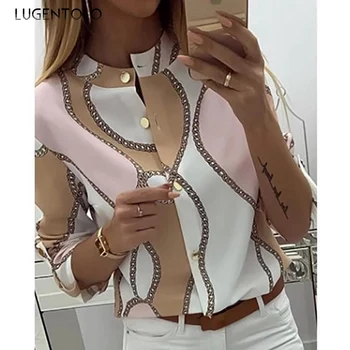 

Lugentolo Shirts Women Autumn Winter New Chain Print Stand Collar Long Sleeve Office Lady Button Plus Size Women Tops