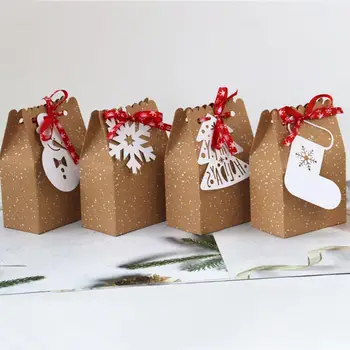 

24Pcs Christmas Kraft Paper Bags Candy Bar Sweet Candy Cookie Packaging Box With White Tag Ribbon New Year 2021