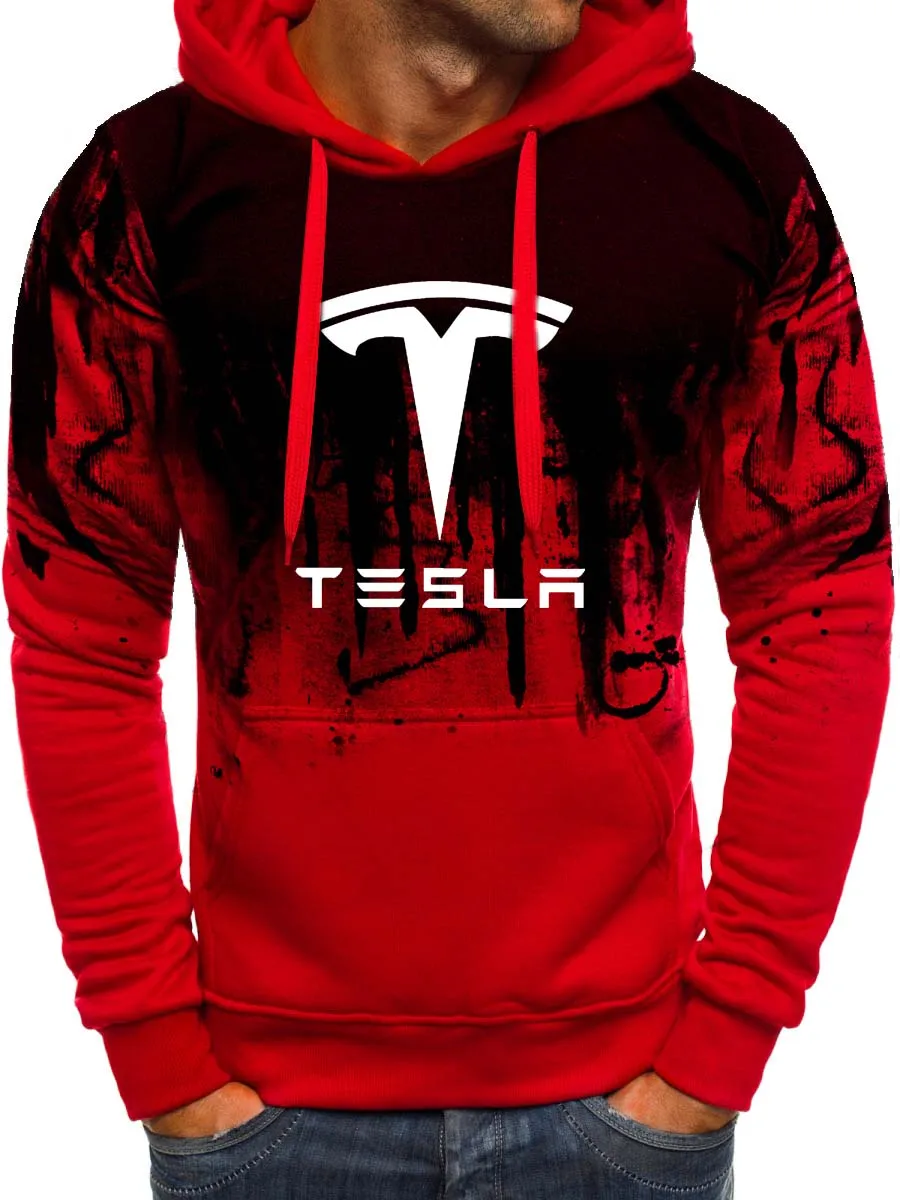 Толстовки мужские Tesla с логотипом автомобиля, толстовка с принтом, весна-осень, градиентная мужская толстовка с капюшоном в стиле хип-хоп harajuku, повседневный спортивный костюм с капюшоном