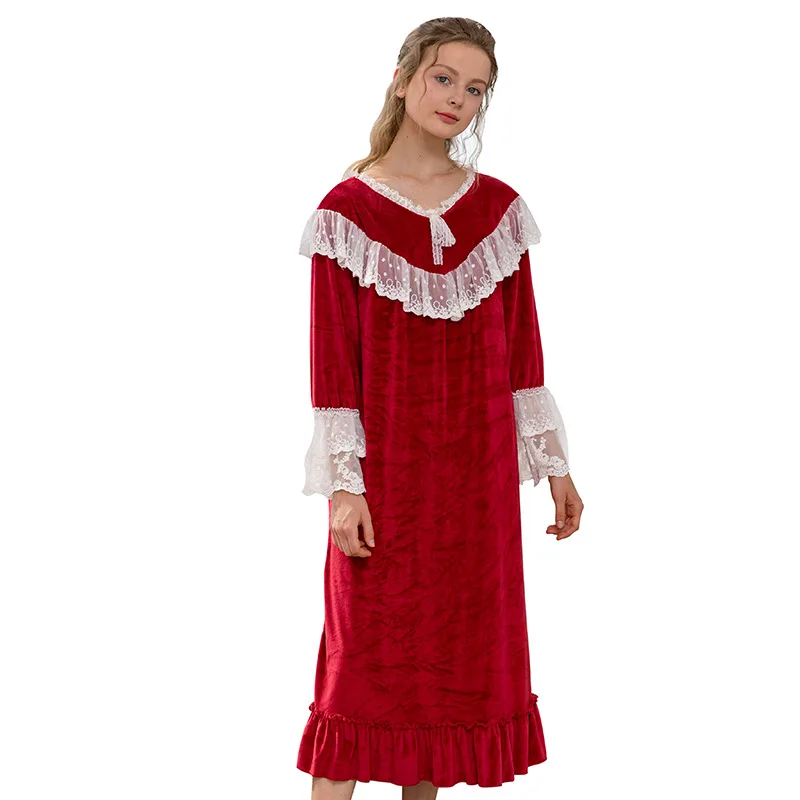

2019 Autumn New Sexy Polka Dot LacePrincess Night Dress Victorian Sleep Wear Vintage Nightgown Red Flannel V-neck Sleep Shirt