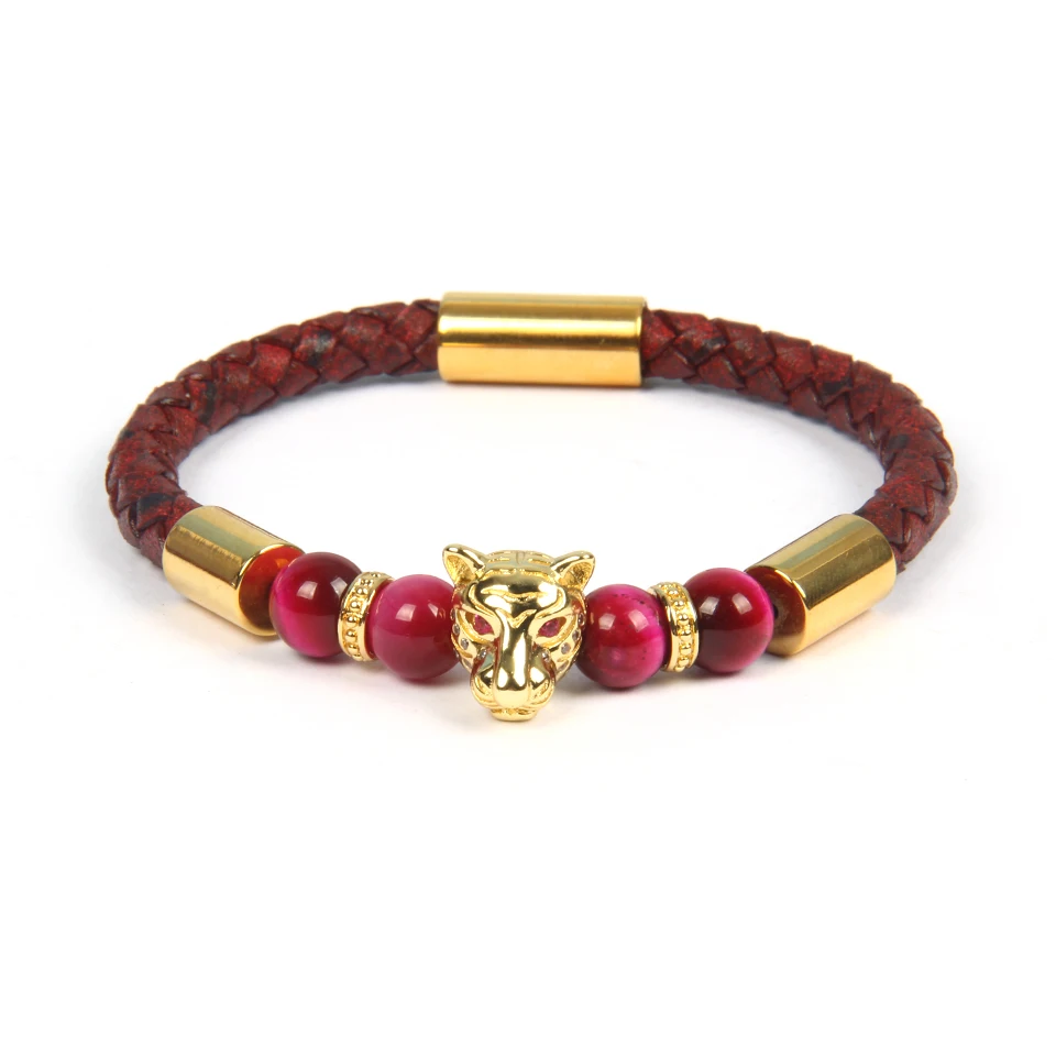 Ailatu New Pink Cz Eye Panther Bracelets Stainless Steel Clasp Red Cowhide Leather Leopard Bracelet Top Quality