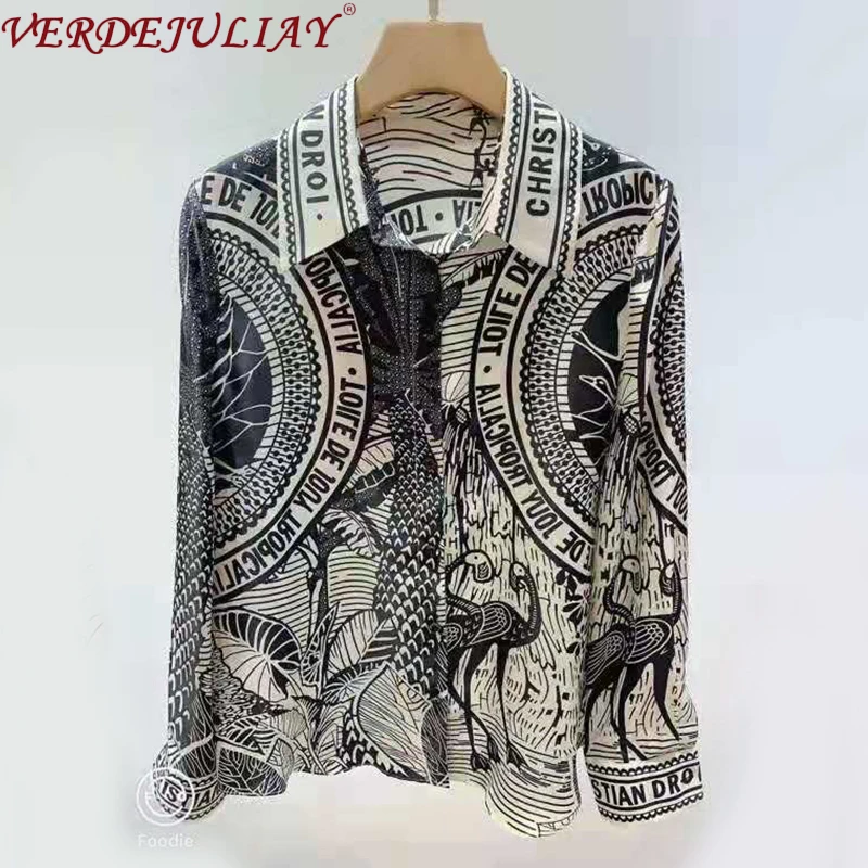 

VERDEJULIAY European High Street Top Quality 100% Pure Silk Blouse Women 2020 Spring Romantic Navy Print Ivory White Shirt