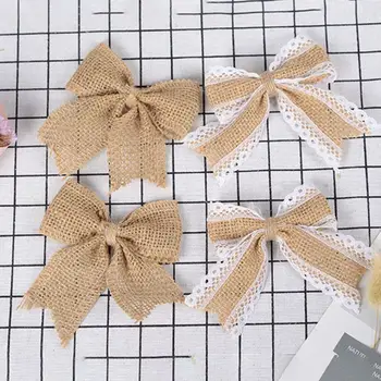 

DIY Simple Rustic Burlap Craft Jute Bow Ties Lace Trim Ruched Bowknot Christmas Tree Ornaments Sewing Wedding Decoration 2 Types