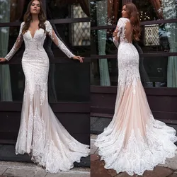 Luxury Mermaid Long Sleeve Lace Wedding Dresses 2024 O-Neck Tulle Bridal Gown Button Sexy Illusion Back Vestidos De Noiva