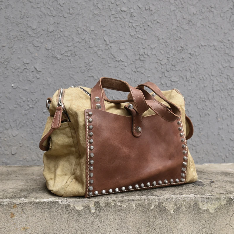 

Leather Shoulder messenger bag men's bag retro fashion casual handbags men tote bag travel bag canvas with leather rivet bags