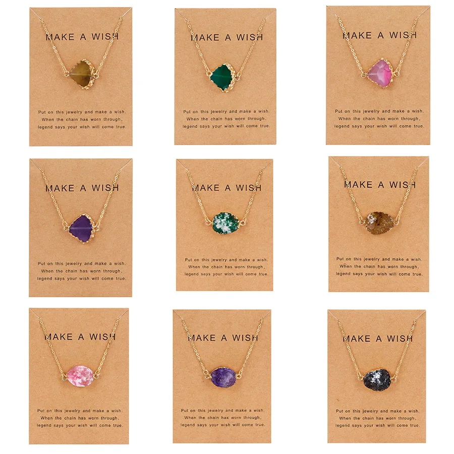 

5 Colors Fan Shape Natural Stone Pendant Necklace Quartz Druzy Resin Beads Gold Link Chain Necklace with Wish Card Jewelry Gift