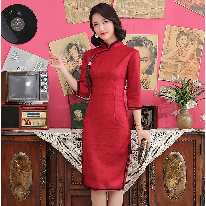 Китайский женское платье традиционный Винтаж Кнопка Qipao Китайский женский халат со стоячим воротником, с цветочным принтом и вышитыми цветами, полурукав вечернее Вечерние платья