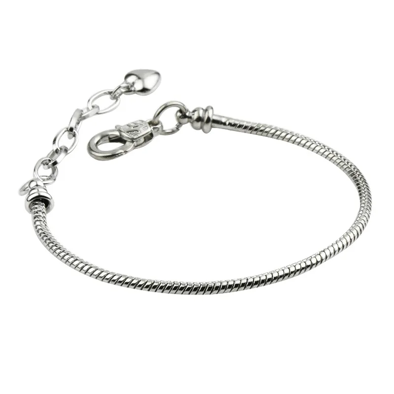 

New Basic Snake Chain Jewelry DIY Silver Hearts Bracelets & Bangles Fit Original Charms Beads Lobster Buckle Bracelets Pulserias