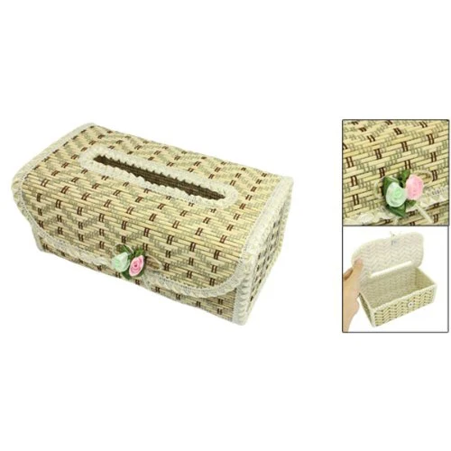 Zigzag Pattern Flower Decor Bamboo Handmade Tissue Box Cover Holder