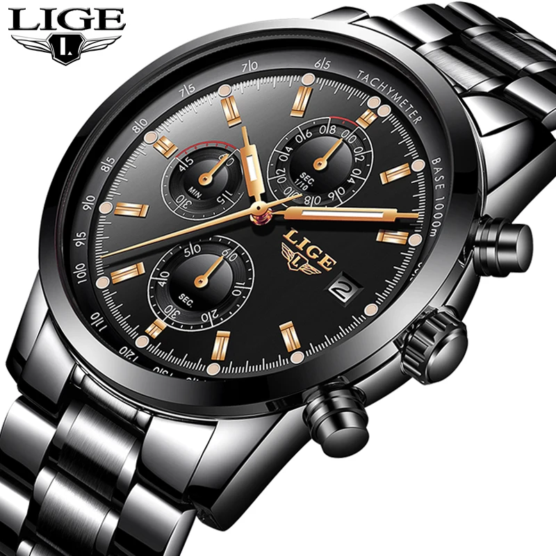 Baratos Relojes de Hombre 2019 LIGE de negocios de cuarzo reloj de los hombres de acero inoxidable impermeable automática fecha reloj moda militar Relojes para Hombre