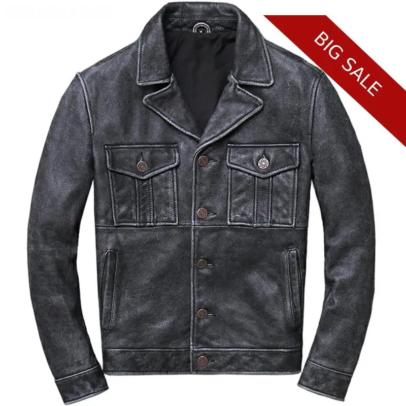

2020 Vintage Grey Men Casual Leather Jacket Double Pockets Plus Size XXXL Genuine Cowhide Autumn Slim Fit Short Leather Coat