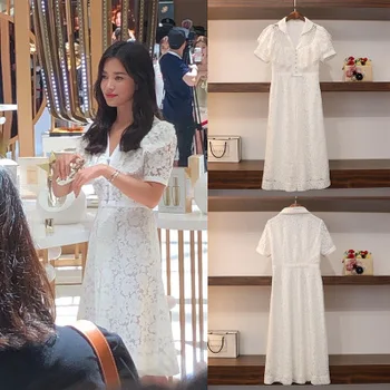 

Spring and summer 2020 new product song Huiqiao same V-neck lace slim fit medium length small dress dress female