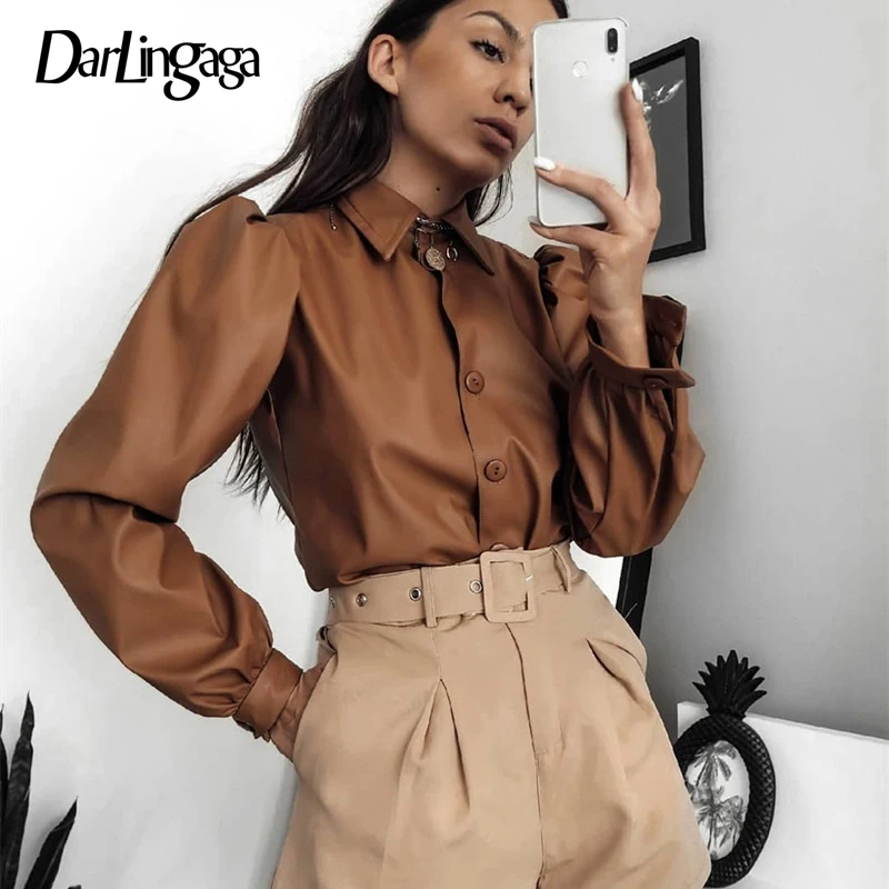 Darlingaga/шикарные модные женские блузки из искусственной кожи, топ с пышными рукавами, Женская Офисная рубашка, однотонная женская блузка, винтажные Блузы