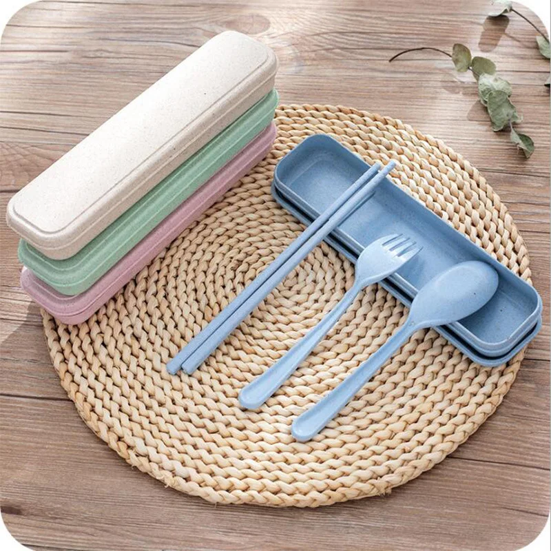 

"Natural Wheat" 4pcs Cutlery Set Kids Teens School Serving Set Fork Spoon Chopstic Portable Case Dinnerware Flatware Set