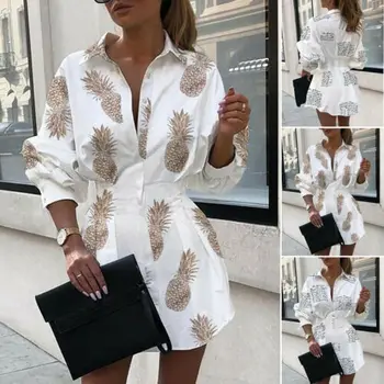 

Pineapple Printed Women Shirt Dress Turn Down Neck Long Sleeve Print Tunic Mini Dress Summer Office Work Casual Dress